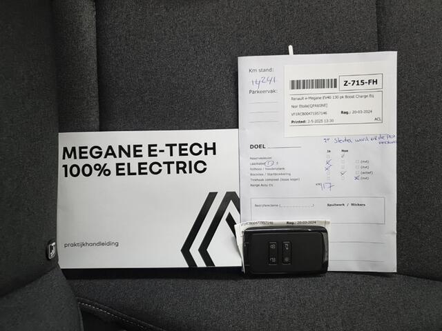 Renault MEGANE E-Tech EV40 Boost Charge Equilibre (131 PK) 1e-Eig. & DealerOnderh. BOVAG-Garantie. NL-Auto. Navigatie/Apple-Carplay/Android-Auto, Adaptive-Cruisecontrol, Keyless-Entry/Start, Parkeersensoren-V+A, Lm-Velgen-18Inch, Privacy-Glas