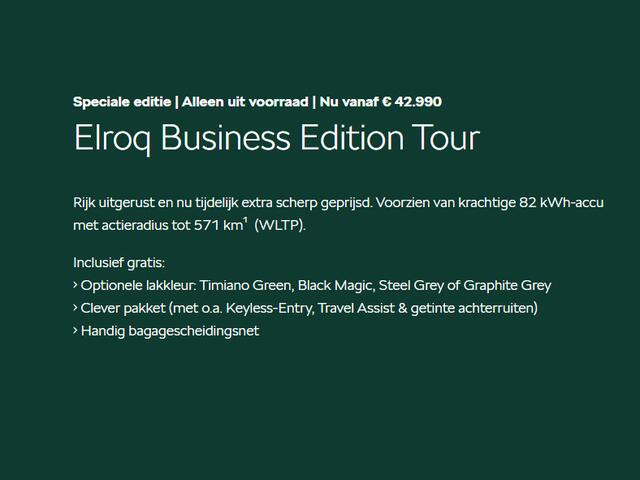 Skoda Elroq Business Edition Tour Elektromotor 210 kW / 286 PK | Timiano Green | 1500,- inruilvoordeel