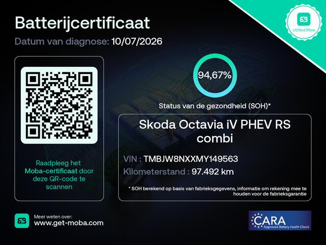 Skoda OCTAVIA Combi 1.4 TSI 245PK RS iV PHEV Business DSG Automaat | Geen Import (uniek) | BOVAG Garantie | Plug in Hybride SOH 94,67% | Matrix LED | Adaptive Cruise Control | Apple Carplay/Android Auto | Electrische Achterklep |