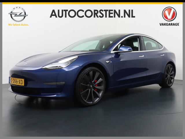 Tesla Model 3 Performance 513pk 3,4 sec 0-100 ! 20"lm FSD-computer 3 AutoPilot Carbon-Spoiler Premium-HiFi Pano.dak Camera Leer Adaptive-Cruise+Stop&Go PDC-A+Voor Wifi Ecc Pdc Cruise Dual Motor! Long Range 75 kWh Stoel en achterbank verwarming Keyless/GSM Elec Navigati