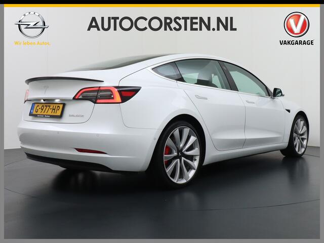 Tesla Model 3 4WD Performance 513pk 3,4 sec 0-100 ! 20" FSD-vb. AutoPilot Carbon-Spoiler Premium-HiFi Pano.dak Camera Leer Adaptive-Cruise+Stop&Go PDC Wifi Ecc Dual Motor Long Range 75kWh Stoel en achterbank verwarming Keyless Navi LED ACC DAB Voorverwarmen interieur e