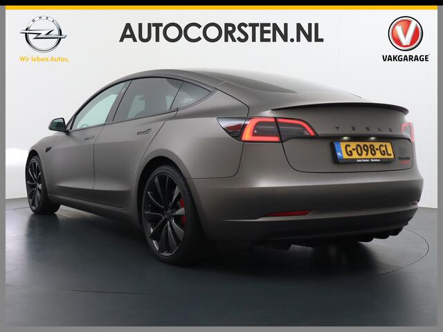 Tesla Model 3 Performance AWD 75kWh 513PK 0-100kmh in 3,4 sec. Leder Adap.Cruise Autopilot Keyless Lmv 20" Camera's Stoelverw. Panodak Performance pakket Premium Audio Dodehoek detector Wifi Led Navi Ecc Bluetooth Voorzien van wrap 1e Eigenaar Origineel Nederlandse Aut