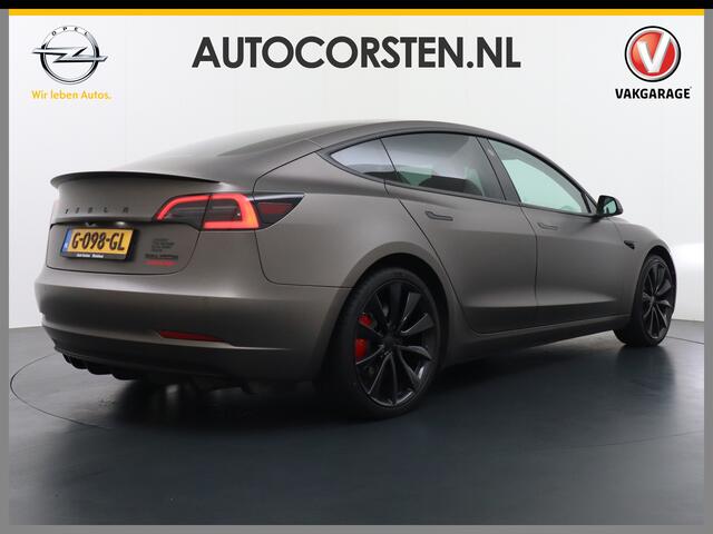 Tesla Model 3 Performance AWD 75kWh 513PK 0-100kmh in 3,4 sec. Leder Adap.Cruise Autopilot Keyless Lmv 20" Camera's Stoelverw. Panodak Performance pakket Premium Audio Dodehoek detector Wifi Led Navi Ecc Bluetooth Voorzien van wrap 1e Eigenaar Origineel Nederlandse Aut