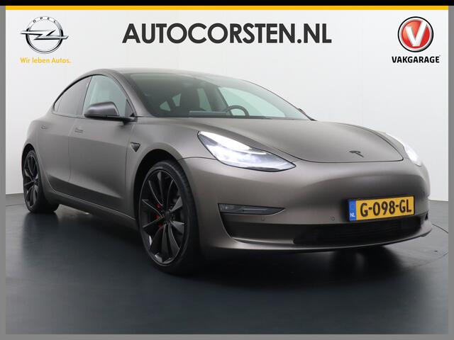 Tesla Model 3 Performance AWD 75kWh 513PK 0-100kmh in 3,4 sec. Leder Adap.Cruise Autopilot Keyless Lmv 20" Camera's Stoelverw. Panodak Performance pakket Premium Audio Dodehoek detector Wifi Led Navi Ecc Bluetooth Voorzien van wrap 1e Eigenaar Origineel Nederlandse Aut
