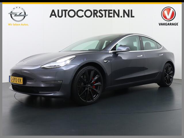 Tesla Model 3 Performance AWD 513pk 0-100 in 3,4 sec! Lmv-20" FSD-Comp.3 AutoPilot Carbon-Spoiler Premium-HiFi Pano.dak Camera Leer Adaptive-Cruise+Stop&Go PDC Wifi Ecc Dual Motor Long Range 75kWh Stoel en achterbank verwarming Keyless Camera Navi LED ACC DAB Voorverwa