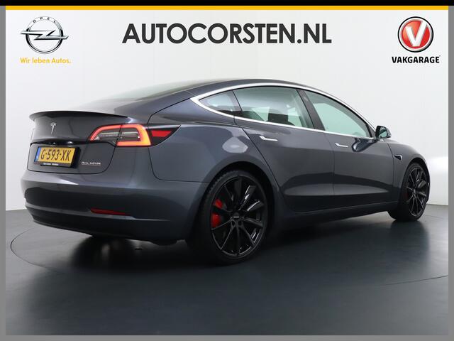 Tesla Model 3 Performance AWD 513pk 0-100 in 3,4 sec! Lmv-20" FSD-Comp.3 AutoPilot Carbon-Spoiler Premium-HiFi Pano.dak Camera Leer Adaptive-Cruise+Stop&Go PDC Wifi Ecc Dual Motor Long Range 75kWh Stoel en achterbank verwarming Keyless Camera Navi LED ACC DAB Voorverwa