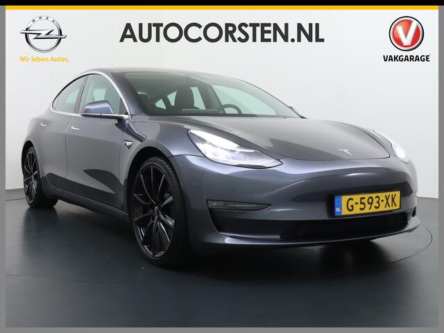 Tesla Model 3 Performance AWD 513pk 0-100 in 3,4 sec! Lmv-20" FSD-Comp.3 AutoPilot Carbon-Spoiler Premium-HiFi Pano.dak Camera Leer Adaptive-Cruise+Stop&Go PDC Wifi Ecc Dual Motor Long Range 75kWh Stoel en achterbank verwarming Keyless Camera Navi LED ACC DAB Voorverwa