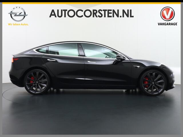 Tesla Model 3 Performance 513pk 20" AutoPilot Pano.dak Adaptive Cruise Camera''s Leer PDC-A+Voor Wifi Ecc Pdc Dual Motor ! Elektr.-A-Klep+Stuur+Verst.Stoel+Geheugen, Easy Entry Stoel+Bank-Verwarmd Keyless carbon spoiler rode remklauwen Long Range accu WiFi Voorbereid.