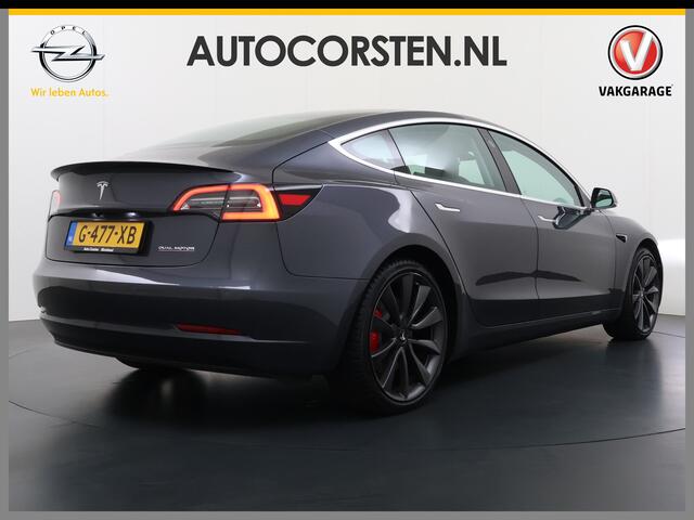 Tesla Model 3 Performance 513pk 0-100 3,4sec AWD Lmv 20" AutoPilot Rode Remklauwen Carbon Spoiler Panoramadak Adaptive Cruise Camera's Leer Pdc Wifi Ecc Elektr.-A-Klep+Stuur+Verst.Stoel+Geheugen Easy Entry Stoel+Bank-Verwarmd Keyless WiFi 75kWh 4WD 1e Eigenaar Origine