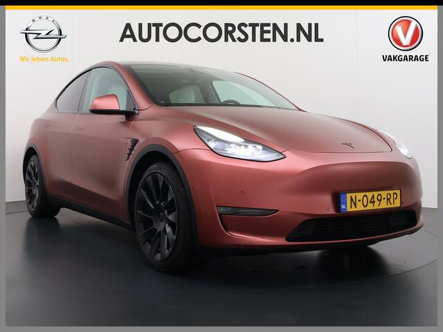 Tesla Model Y Long Range AWD 514pk 75kWh Wrap/Ivoor 20"lm Leer Panodak Warmtepomp Matrix-LED Autopilot FSD-Computer 3 Elektr.Stuur+Stoel+Verwarmd Navi Ecc Premium Audio Keyless Priv.Glass Camera's Elektr.AchterKlep Parkeer Assistent Sentry-Mode Privacyglas Bluetooth Do