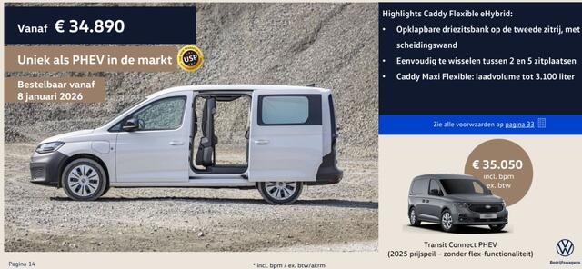 Volkswagen CADDY MAXI Flexible Limited Edition 1.5 eHybrid EU6 85 kW (115 pk) 19,7 kWh 6 versnellingen DSG Caddy Flexible Maxi Limited Edition 1.5 eHybrid DSG, Climatronic, LED koplampen, Achteruitrijcamera