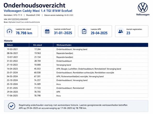 Volkswagen CADDY MAXI 1.4 TGI L2H1 EcoFuel Comfortline Airco Cruise PDC Verwarmbare voorruit Comfortstoelen Alarm Bluetooth Schuifdeur