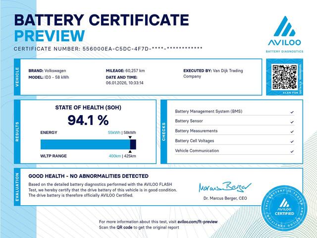 Volkswagen ID.3 First Max 58 kWh ?SOH 94.1 % ?Panoramadak ?Matrix LED ?Full LED ?Stuur- Stoelverwarming ?Sfeerverlichting ?Navigatie ?Camera ?Lichtmetaal 20" ?Parkeersensoren