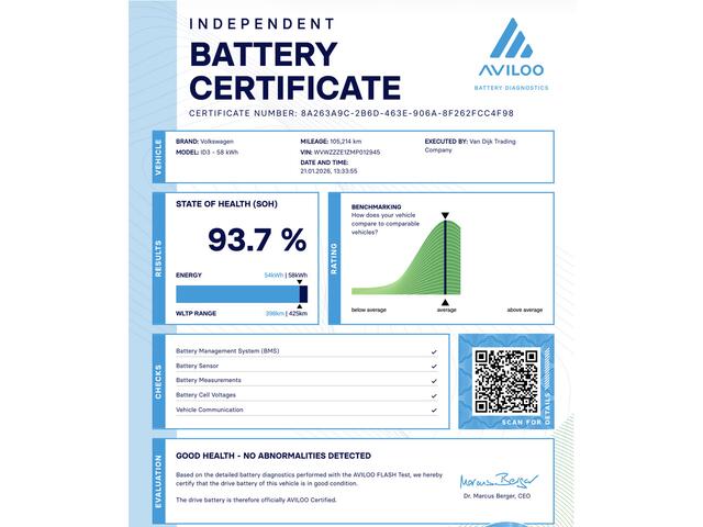 Volkswagen ID.3 First Plus 58 kWh ?SOH 93.7% ?Rijklaarprijs ?Matrix LED ?Full LED ?Alcantara ?Sfeerverlichting ?Navigatie ?Camera ?Lichtmetaal 19" ?Parkeersensoren