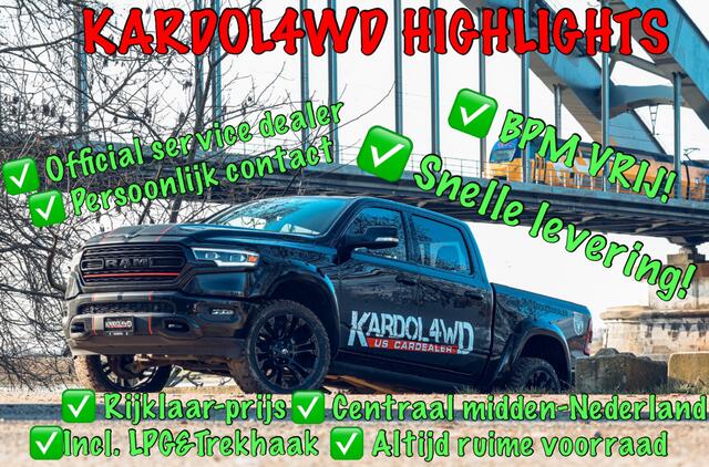 Dodge 1500 Ram 5.7 V8 4x4 Crew Cab Laramie | GEHEEL RIJKLAAR!!! | Model24 BPM VRIJ!| Elektr. treeplanken | Head-up | 360gr camera| Panorama | Trekhaak | WIDE BODDY | 4PLAY 22INCH velgenset | LPG| | NIEUWE AUTO | Geheel rijklaarprijs | DIRECT RIJDEN |