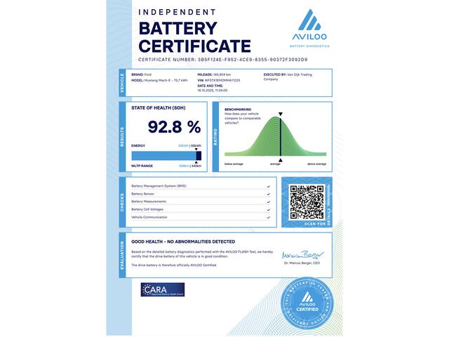 Ford MUSTANG Mach-E RWD 75 kWh ?SOH 93% ?Panoramadak ?Bang & Olufsen ?360º Camera ?Vol Leder ?Elektrische Achterklep ?Adaptieve Cruise ?Lichtmetaal 19" ?Trekhaak