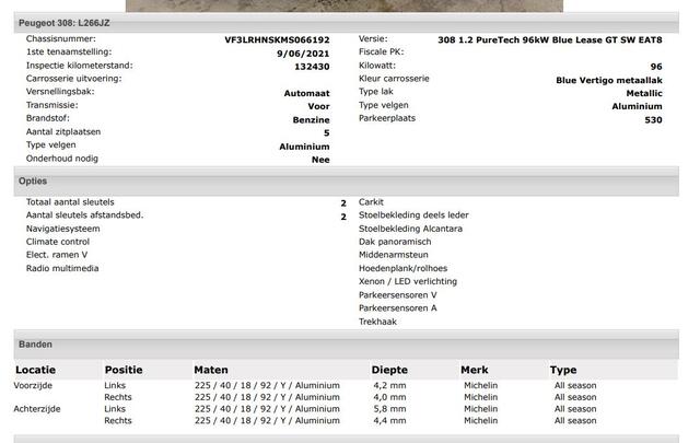 Peugeot 308 SW 1.2 131PK GT Automaat / Distributie vv.bij 102.000KM / Trekhaak / Panoramadak / 1/2 Leder / Pdc+Camera / Navi./ Xenon /