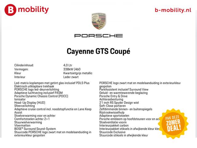 Porsche CAYENNE 4.0 GTS Coupe 460PK 8-Cilinder Orig. NL Trekhaak | Dynamic Chassis Control | Adaptive Cruise Control | Head-Up Display | Bose Sound System | LED-Matrix Koplampen | Adaptieve Sportstoelen | Surround View | Soft-Close