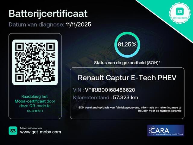 Renault CAPTUR 1.6 E-Tech Plug-in Hybrid 160 Intens Automaat / Accu SOH 91.25% / Apple Carplay Android Auto / Stuur-, en Stoel verwarming / Achteruitrijcamera / Keyless Entry/Start / Draadloze telefoon lader / Cruise control /