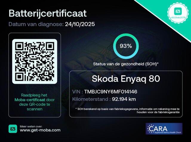 Skoda Enyaq iV 80 (204PK) ACCU 93%! BEREIK 537KM GARANTIE 4-2031 BLACKLINE. NAVIGATIE . STUURWIEL VERWARMD . PARKEERSENSOREN VOOR & ACHTER .