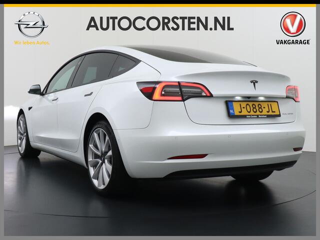 Tesla Model 3 Long Range AWD 75kWh Soh 89% Lmv 19" Navi Ecc Leder Panoramadak Adaptive Cruise Control Autopilot Elek.Stoelen+Verwarmd+Memory Premium Audio 4WD Privacy Glas Fabrieksgarantie op Accu en motor tot 24-08-2028 1e Eigenaar Origineel Nederlandse Auto