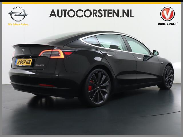 Tesla Model 3 Performance 513pk 20" AutoPilot Pano.dak Adaptive Cruise Camera''s Leer PDC-A+Voor Wifi Ecc Pdc Dual Motor ! Elektr.-A-Klep+Stuur+Verst.Stoel+Geheugen, Easy Entry Stoel+Bank-Verwarmd Keyless carbon spoiler rode remklauwen Long Range accu WiFi Voorbereid. 